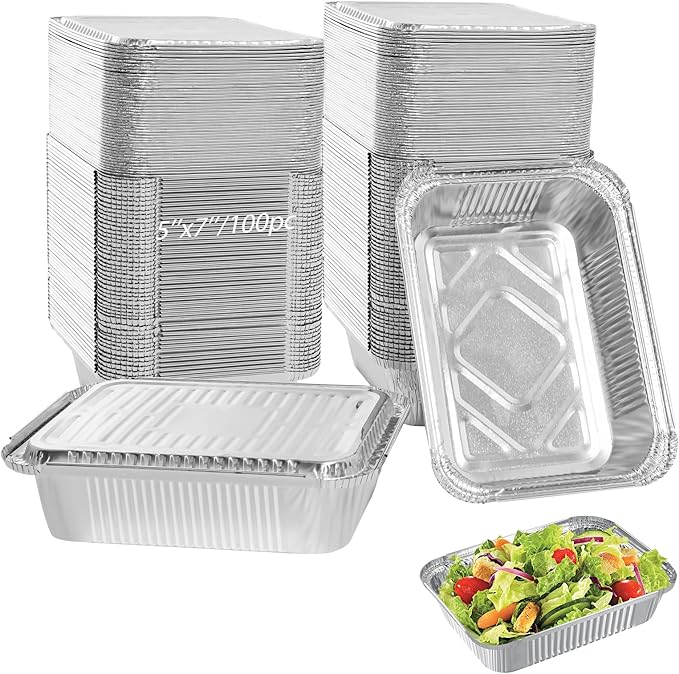 Notwoe® Aluminum Foil Pans with Foil Lids - 100 Pack, Small 7"×5", 1.5 LB Capacity, Disposable for Baking, Meal Prep, Freezer & Takeout. (100 Pack w/Lids)