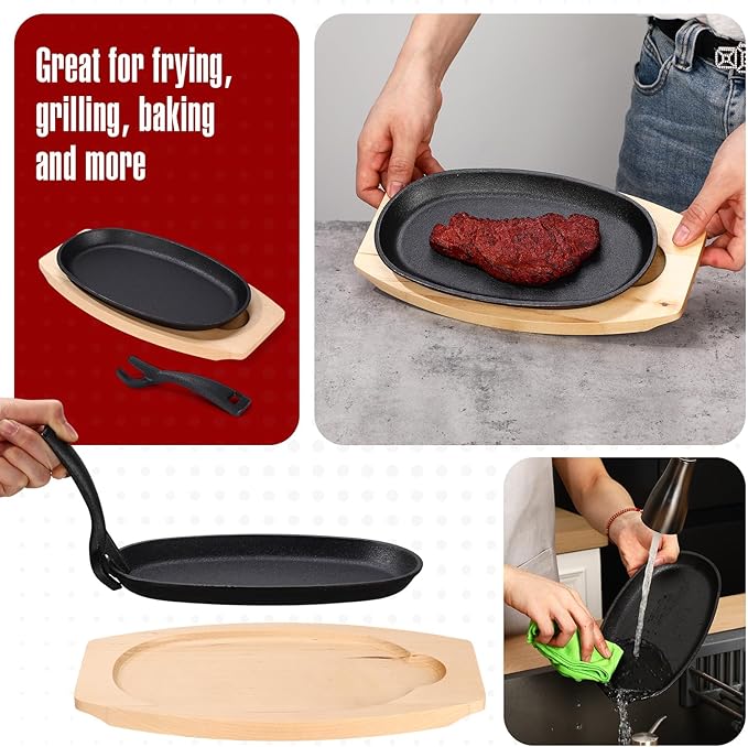 6 Pieces Oval Cast Iron Fajita Skillet Pan Set Small Sizzling Steak Plate with Wooden Base and Handle Cast Iron Fajita Skillet Sizzling Plate for Home Valentine's Day(9.5 in x 5.5 in, Natural Wood)