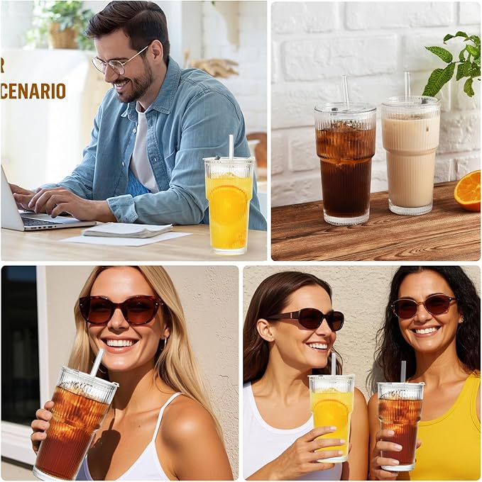 Haundry 20 oz Ribbed Glass Tumbler with Lids and Straws, 4 Pack Iced Coffee Cups, Thickened Glassware Set, Ripple Design Glass Cups for Coffee, Soda, Smoothies, Cocktails and Juice