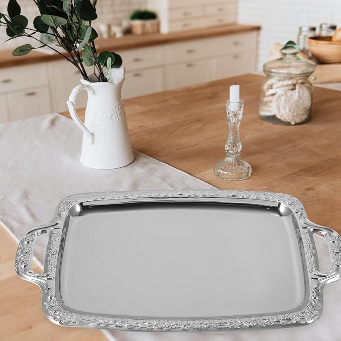Rectangular Silver Serving Tray - Vintage Metal Tray for Whiskey - Dining Tableware and Decorative Platter Perfect for Entertaining and Home Decor