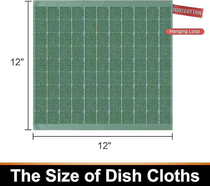 Mordimy 100% Cotton Terry Cloth Dish Cloths, Soft and Absorbent Checkered Dish Towels, Quick Drying Dish Rags for Washing Dishes, 8 Pack, 12 x 12 Inches, Grass Green