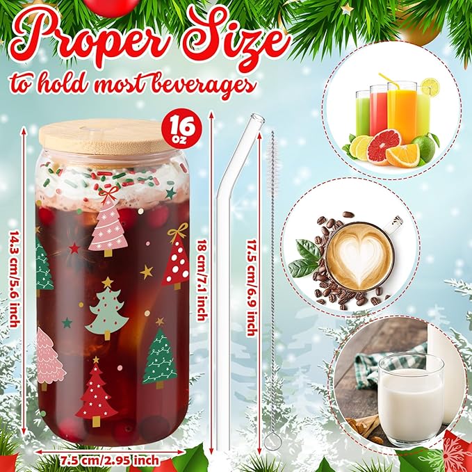 Sliner 2 Pcs Christmas Tree Glass Cups Xmas Winter Tumbler with Lid Straw Drinking Glasses 16 oz Iced Coffee Cup with Cleaning Brush Beer Can Tumbler Cute Holiday Gifts for Home Office Decorations