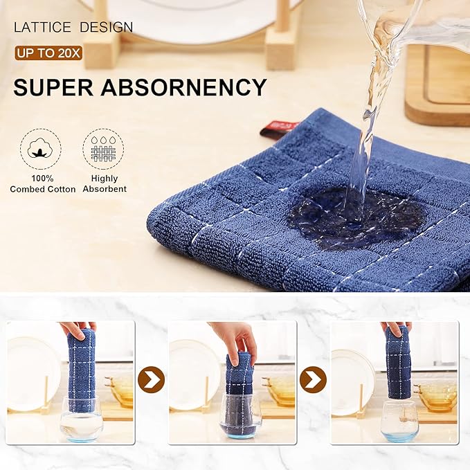 Mordimy 100% Cotton Terry Cloth Dish Cloths, Soft and Absorbent Checkered Dish Towels, Quick Drying Dish Rags for Washing Dishes, 12 Pack, 12 x 12 Inches, Navy