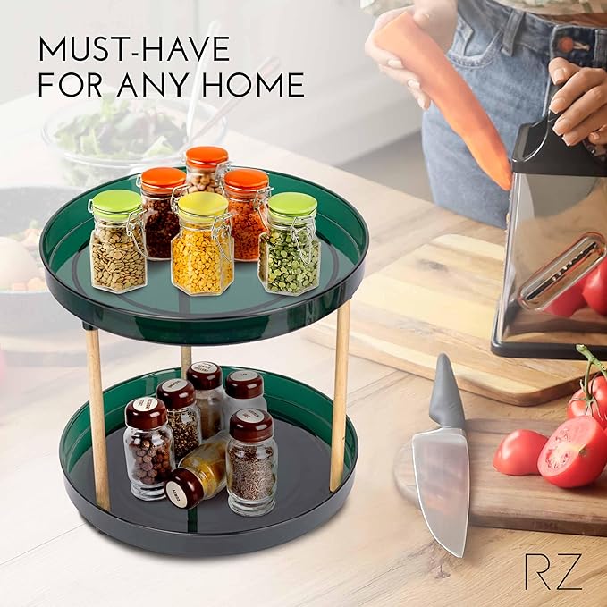 Rachel Zoe 2 Tier Lazy Susan Organizer, Wood Two Tier Lazy Susan Turntable, 360° Spin Tray Organizer, Pantry Spice Organizer for Kitchen, Rotating Bathroom Counter Organizer