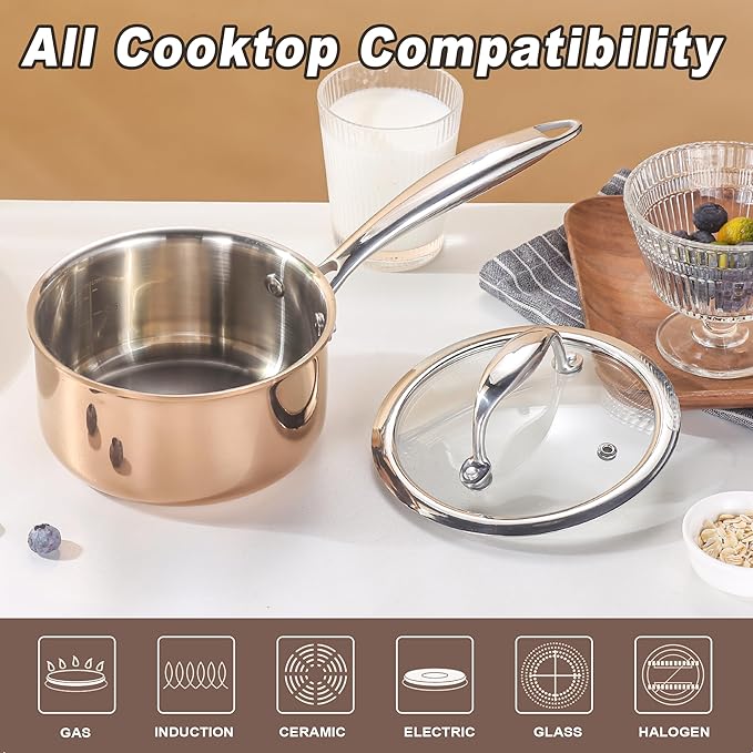 KC-Emier 1-Quart Saucepan with Lid, Tri-Ply Stainless Steel Pot with Stay-Cool Handle & All Cooktop Compatibility (Gas, Ceramic, Electric) - Copper