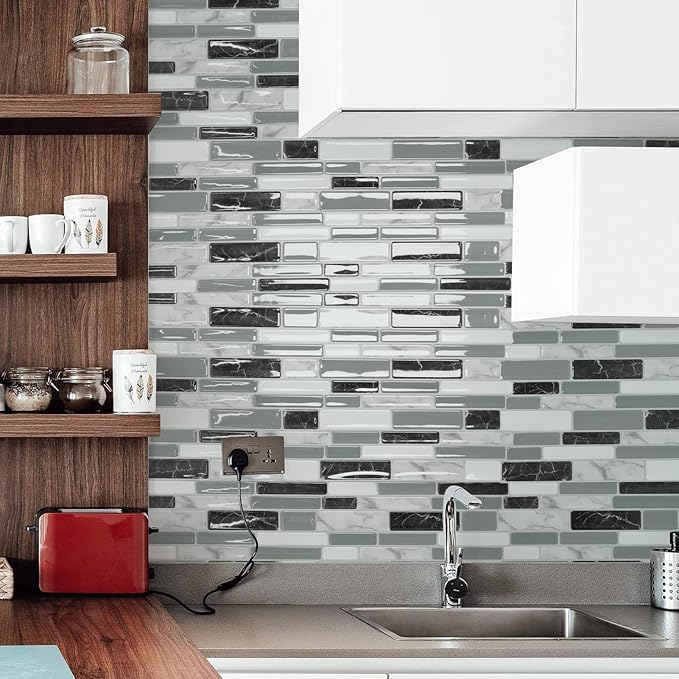 Art3d 20-Sheet Peel and Stick Kitchen Backsplash Tiles, Self-Adhesive Wall Tiles for Kitchen and Bathroom, 12"x12", Marble Grey