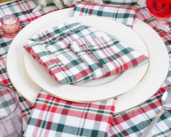 Blue Needles Gingham Buffalo Plaid Cloth Napkins 100% Cotton Set of 12 Dinner Table Christmas Napkins 18x18 inch Soft Reusable Washable Perfect for Event Parties & Everyday Use - Christmas Multi White