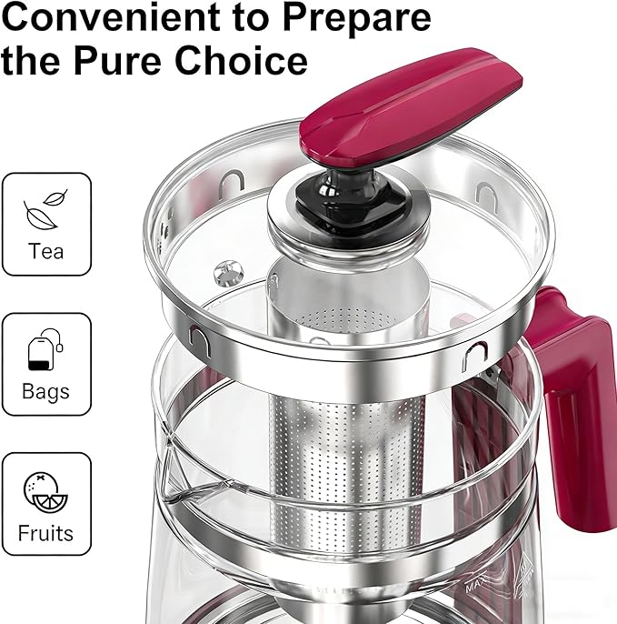 1200w Electric Kettle, 1.5L Borosilicate Glass tea kettle, Hot water kettle electric for Coffee or Tea, BPA Free, Auto Shut-Off, Stainless Steel, Fast Boil, Red