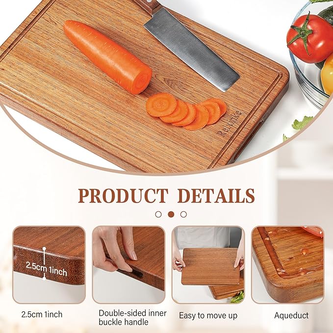 Relxinke Solid Teak Wood Cutting Board One Piece Non Glued Large Thick Crack Resistant Wooden Chopping Board with DeepJuice Grooves Built in Handles for Kitchen Meat Vegetable 16.9x11.8 IN