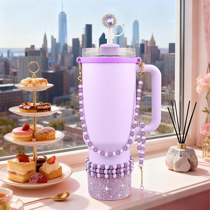 9PCS Purple of Stanley Cup Accessories Set 30/40 OZ Bling Pearl Rhinestones Charms for Stanley Decorations Tumbler Accessories Including Flower Straw Topper, Rhinestones Boot 30/40 OZ
