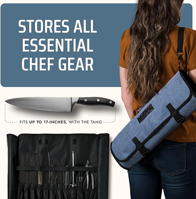 Asaya Chef Knife Roll Bag - 20 Total Pockets for Knives and Kitchen Utensils - Made with Stain Resistant Waxed Nylon - For Chefs and Culinary Students - Knives Not Included(Blue)