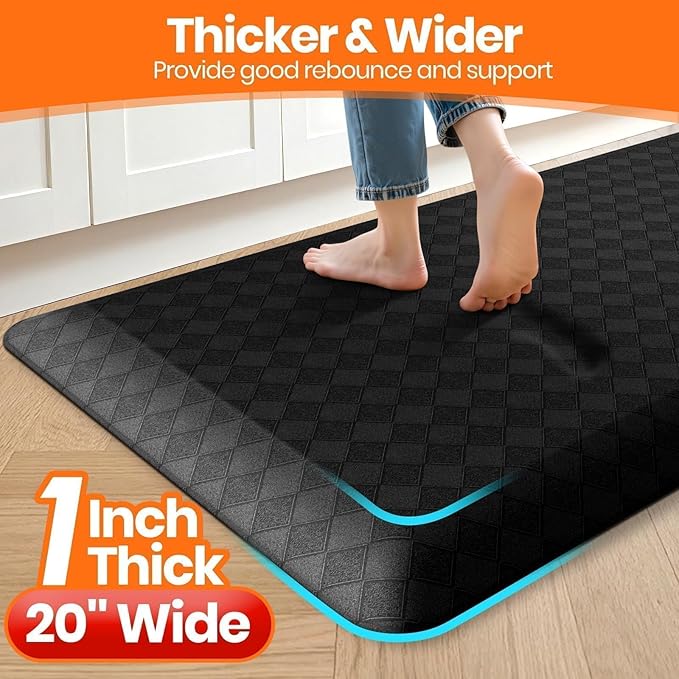 StepRite 1” Thick Kitchen Mats for Floor, Anti Fatigue Kitchen Rugs, Non-Slip,Heavy Duty Waterproof Kitchen Rug, Standing Desk Mat, Gifts for Friends, Family, Home, Kitchen, Office (32" x 20", Black)