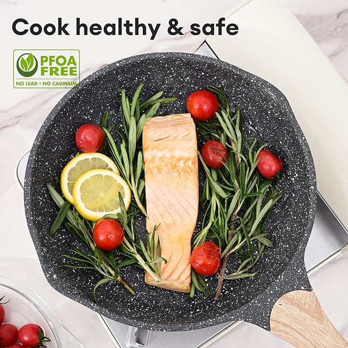 JEETEE 11 Inch Nonstick Frying Pan, Stone Coating Cookware, Nonstick Omelette Pan with Heat-Resistant Handle, Compatible with All Stoves (Grey)