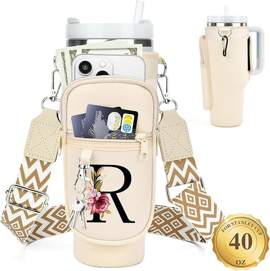 LOKASS Personalized Water Bottle Holder with Strap for Stanley Cup Accessories 40 oz Tumbler, Initial Water Bottle Carrier Bag/Phone Pocket, Mother's Day/Birthday Gifts for Women/Girls