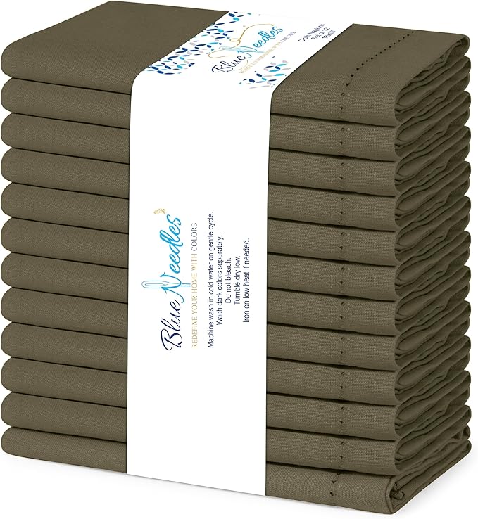 Blue Needles Set of 12 Hemstitch Linen Napkins 100% Cotton Olive Green Cloth Dinner Napkins 18x18 inches, Soft, Reusable, Absorbent, Washable Ideal for Wedding Events, Parties & Everyday Use