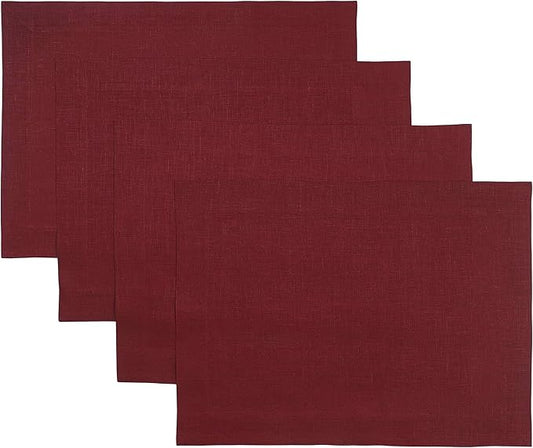 D'Moksha Homes Linen Placemats 14 x 19 Inch - Dark Red Placemats Set of 4-100% Pure Linen Table Place Mats for Valentines, Spring - Handcrafted and Machine Washable