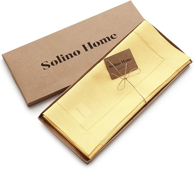 Solino Home Linen Yellow Table Runner 144 Inches Long - 100% Pure Linen Extra Long Table Runner 14 x 144 Inch for Valentines, Spring, Easter - Classic Hemstitch