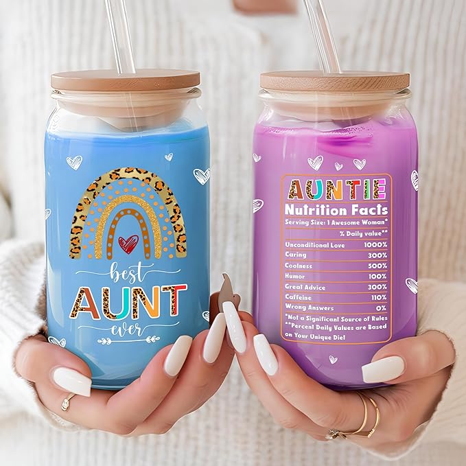 Aunt Gifts from Niece Nephew 16 Oz Coffee Glass Cup with Lid and Straw Aunty Glass Can Christmas Gift for Auntie New Aunts To Be Aunts Announcement Mothers Day Birthday