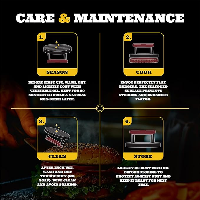 IAN's Smash Burger Press Kit - Cast Iron Burger Press (6.5 in), Smash Burger Spatula, Patty Pakers & Seasoning Shaker - Griddle, Flat Grill, Hibachi Accessories - Gifts for Dad