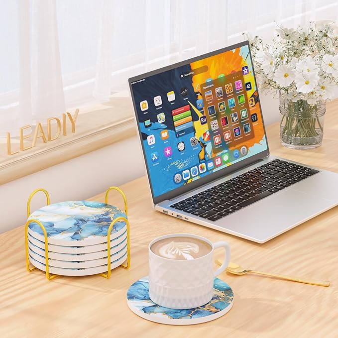 6Pcs/Set Marble Abstract Ceramic Coasters with Holder, Absorbent Drink Coasters, Coffee Cup Coaster,Round Ceramic Table Coasters Set Decorative