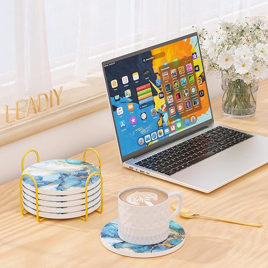 6Pcs/Set Marble Abstract Ceramic Coasters with Holder, Absorbent Drink Coasters, Coffee Cup Coaster,Round Ceramic Table Coasters Set Decorative
