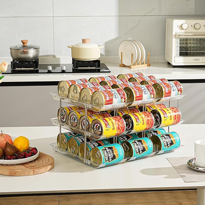 Can Organizer for Pantry, Stacking Can Storage Organizer Pantry, Automatic Rolling Can Rack for Fridge, 3Tire 3 Columns Can Holder for 36 Cans, Canned Goods Organizer