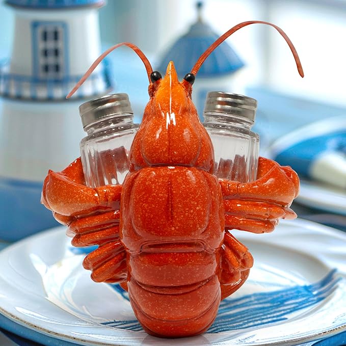 Hodao Lobster With Salt and Pepper Shaker Figurines Decoration Lobster Set with Holder Figurine for Beach Bar or Tropical Kitchen Decor Table Decor By Home Gifts For Mom (Orange)