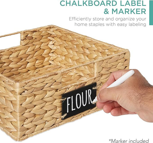 Best Choice Products Set of 4 13x12in Water Hyacinth Pantry Baskets, Woven Organizers w/Chalkboard Label, Chalk Marker - Natural