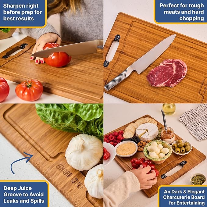 Sharp Chef Deep Carbonized Bamboo Cutting Board, Dual Sharpener – 17x12in Large Wood Cutting Board with Juice Groove, Dishwasher Safe, Giftable – Durable & Reversible Wooden Chopping Block for Kitchen