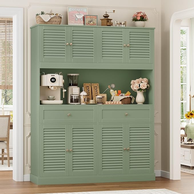 HIFIT 71" Hx55''W Large Kitchen Hutch Storage Cabinet, Farmhouse Coffee Bar Hutch with Microwave Stand, Tall Kitchen Pantry Cabinet with Louvered Doors, 2 Cable Holes, 2 Drawers, Green