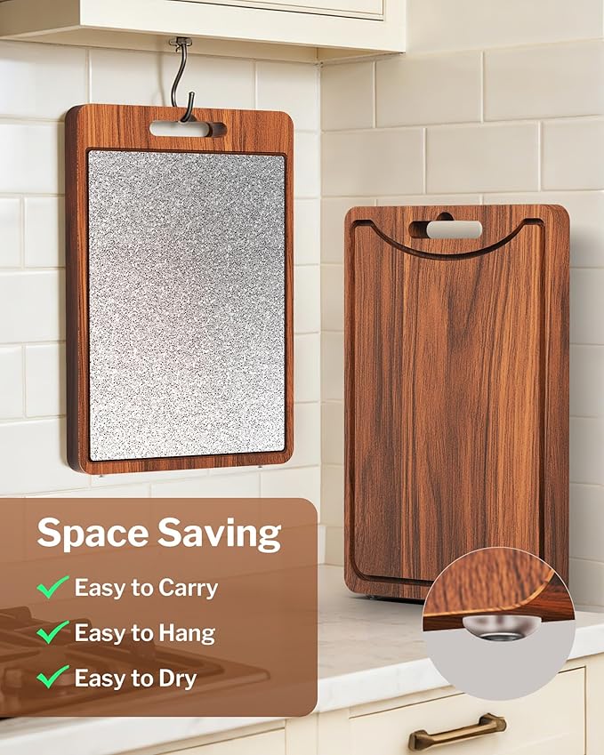 1" Thick Non Slip Dual Sided Cutting Board - Wood &GR1 Titanium, 18" Extra Large with Handle for Hanging, Juice Groove & Non-Slip Feet, Heavy Duty for Professional Kitchen