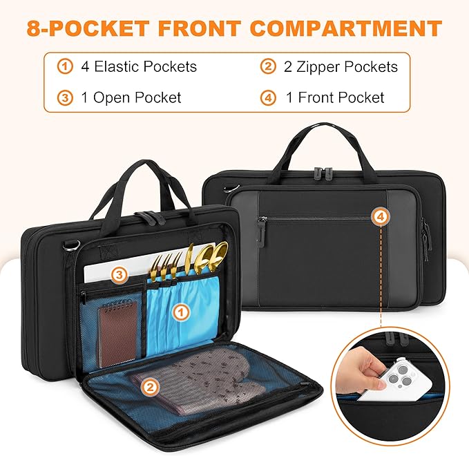 YARWO Chef Knife Bag with 20-Pockets, Professional Knife Sheath Storage Case with Shoulder Strap and Top Handle, Cooks & Culinary Tools Organizer Holder for Kitchen Travel Cooking Utensils (Bag Only)