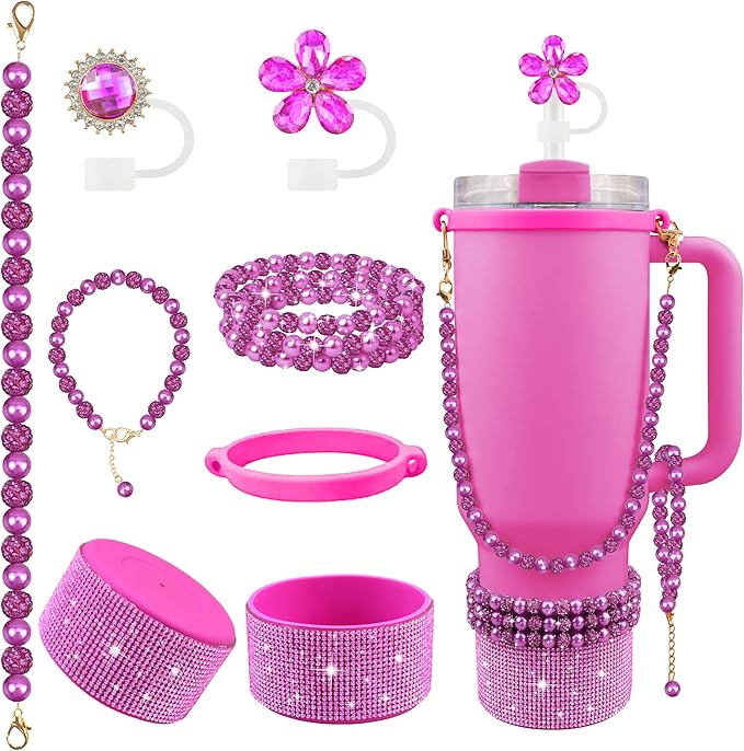 9PCS Fuchsia of Stanley Cup Accessories Set 30/40 OZ Bling Pearl Rhinestones Charms for Stanley Decorations Tumbler Accessories Including Flower Straw Topper, Rhinestones Boot 30/40 OZ