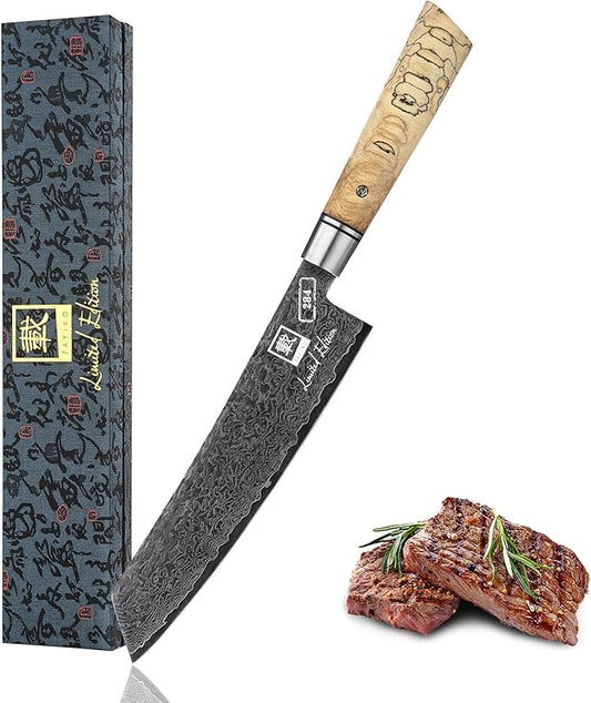 zayiko Limited Edition Kiritsuke Knife Black Meteor – 8-Inch Damascus Blade | 67 Layers Steel with VG10 Core & Titanium Coating | Maple Wood Handle | Professional Kitchen Knife in Gift Box