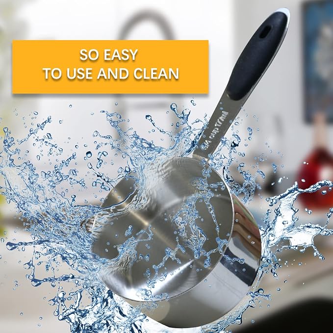 2PCS 3/4Cup (177ml, 6oz) Single Measuring Cup with Black Silicone Grip, Stainless Steel Individual Measure Scoop Only
