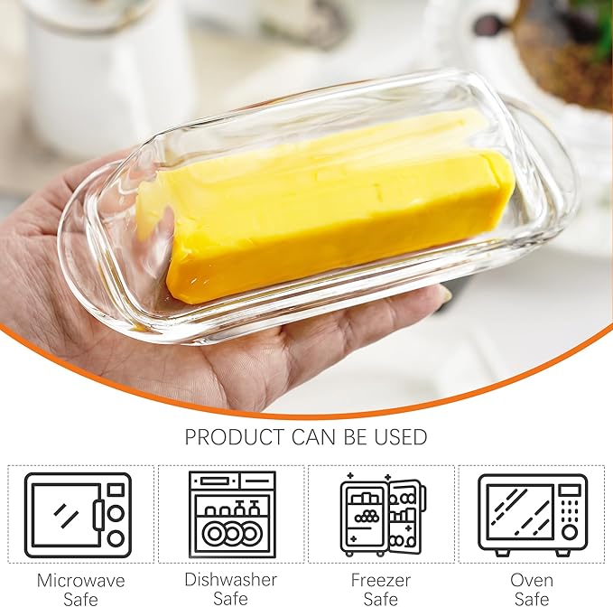 7 Inches Glass Butter Dish with Lid for Countertop - Crystal Glass Butter Keeper Elegant Clear Butter Holder Tray for 1 Stick East Coast,Dishwasher Safe