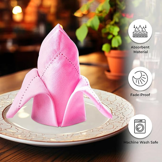 Urban Villa Cloth Napkins Set of 12 (20x20 Inches) 100% Cotton Hemstitch Napkins Cloth Washable Durable Reusable Absorbent Table Dinner Napkins Cloth for Hotel Lunch Restaurant Weddings Parties – Pink