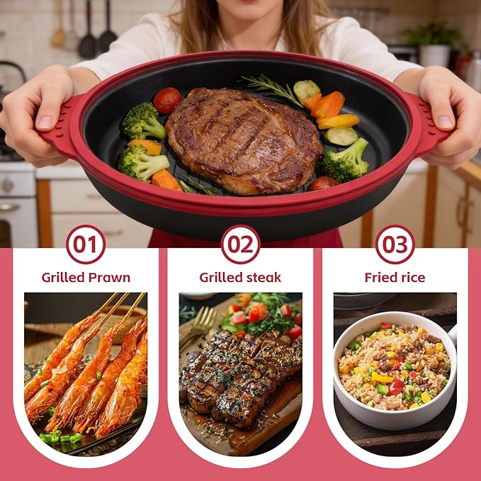 Microwave Grill Pan With Cover, Microwave Bacon Cooker, Portable Microwave Cookware For Grill Meat, Sandwich & Vegetable Dishwasher Safe (Round-Red-Glass Lid)