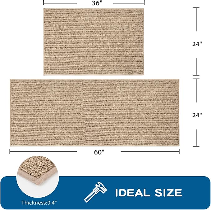 PURRUGS Machine Washable Kitchen Rug Set [2 PCS] (24" x 36"+ 24" x 60"), Non-Slip/Skid Kitchen Runner Rugs & Floor Mats, Super Absorbent Soft Area Rugs for Sink, Kitchen & Laundry, Beige