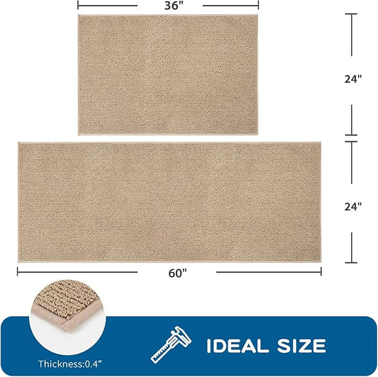 PURRUGS Machine Washable Kitchen Rug Set [2 PCS] (24" x 36"+ 24" x 60"), Non-Slip/Skid Kitchen Runner Rugs & Floor Mats, Super Absorbent Soft Area Rugs for Sink, Kitchen & Laundry, Beige