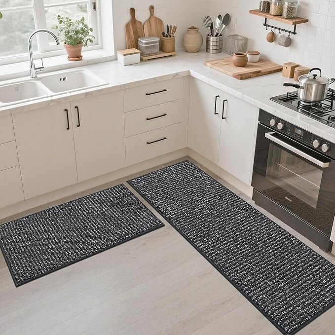 JSEI Kitchen Rugs and Mats, 2PCS Non-Slip Kitchen Mats for Floor, Machine Washable Absorbent and Stain Resistant Kitchen Runner, Carpet Mats with TPR Backing, 17''x30''+17''x60'', Charcoal