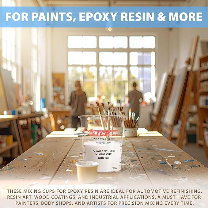 Custom Shop Paint Mixing Cups, 32-Ounce (36 Pack) - Plastic Measuring Cups for Liquids, Automotive Painting, Epoxy Resin, Acrylic Arts, Crafts, Disposable or Reusable, Graduated, Mixing Ratios