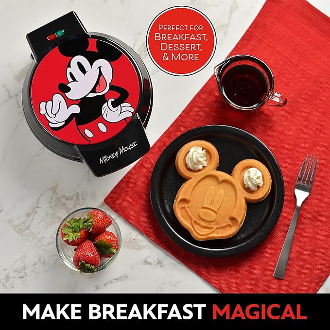 Disney Mickey Mouse 7" Round Waffle Maker by Select Brands - Premium Mickey Mouse Kitchen Appliance with Ceramic Nonstick Coating - Disney Kitchen Appliances - 7" Mickey Character Waffles