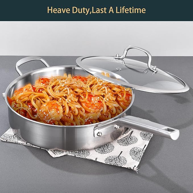 Yeksum Tri-Ply Stainless Steel Saute Pan 6QT, 12 Inch Deep Frying Pan with Lids, 3-layer Saute Pan with Lid Large Skillet with Stay Cool Handle, Induction Pan, Dishwasher and Oven-Safe