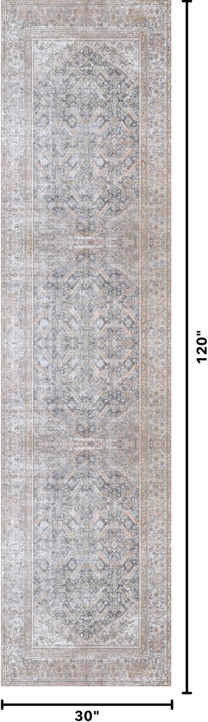 Kuden 2'6"x10 Runner Rug, Machine Washable Area Rug with Non-Slip Backing, Vintage Style, Soft, Easy Clean, Low Pile Rug for Hallway, Entryway, Kitchen, Bedroom