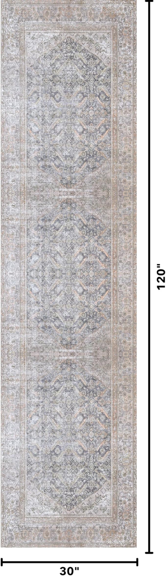 Kuden 2'6"x10 Runner Rug, Machine Washable Area Rug with Non-Slip Backing, Vintage Style, Soft, Easy Clean, Low Pile Rug for Hallway, Entryway, Kitchen, Bedroom