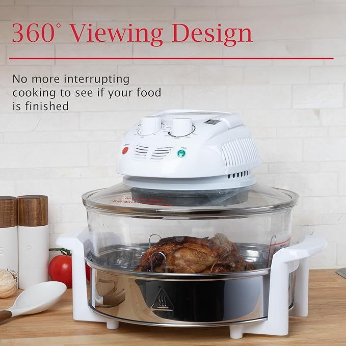 Air Fryer - Halogen Oven with 12 to 17 Quart Capacity, Accessories, and Time and Temperature Controls - Glass Air Fryer, Roaster, Broiler, Toaster, Steamer, and Grill by Classic Cuisine (White)
