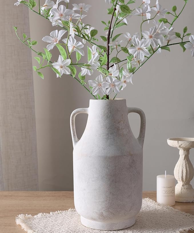 11'' Rustic Ceramic Flower Vase with Dual Handles Farmhouse Pottery Vases Decorative Large Vases for House Entryway Kitchen Table Centerpieces, Vintage White
