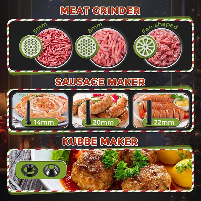 Flyseago Electric Meat Grinder 3200W Heavy Duty Commercial Meat Grinders, Sausage Stuffer, Kubbe Kit with 2 Cutting Blades, 3 Grinding Plates, 3 Sausage Tubes, Metal Gearbox Meat Grinder for Home Use
