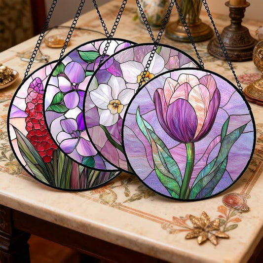Stained Glass Window Hanging 4 Pcs Set Purple Flower Theme Large 11.8" - Tulip Suncatcher Door Garden Sun Catcher Decor Birthday Christmas for Plant Lovers Woman Nana Men